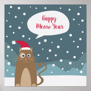Lycklig Meow Year helgdagar kattdjur i snö Poster