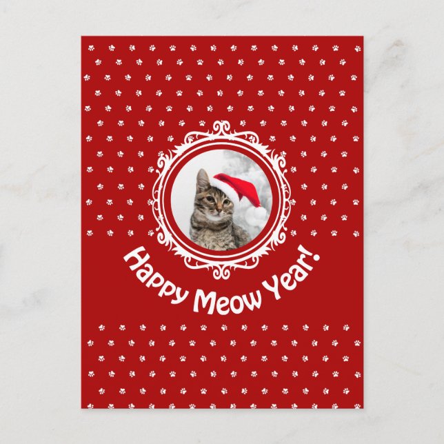 "Lycklig Meow Year" Red Cat Lover-julen Helgdag Vykort (Framsida)