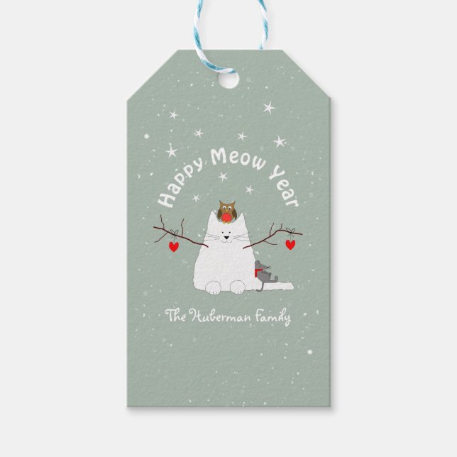 "Lycklig Meow Year" Snowcat Presentetikett (Framsidan)