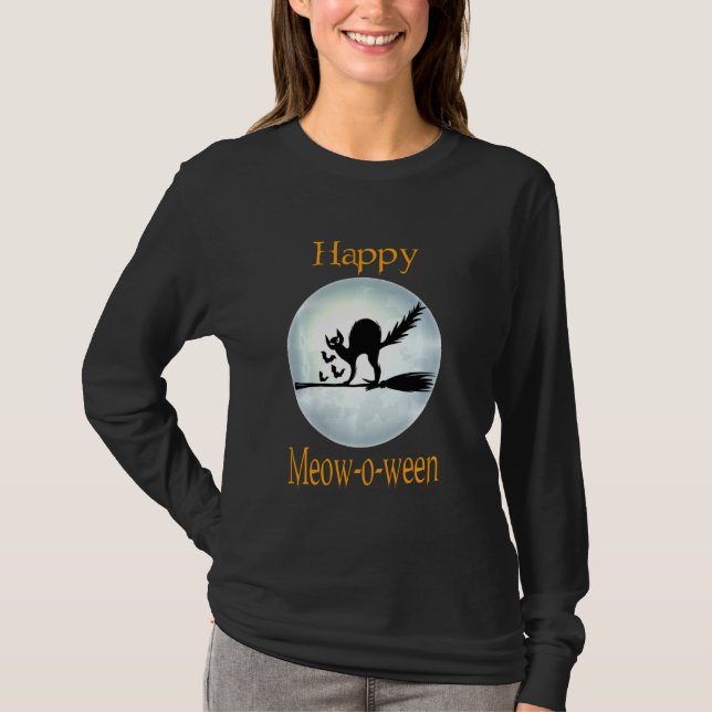 Lycklig Meoween Funny Witch Cat Broom Scary Horror T Shirt (Framsida)