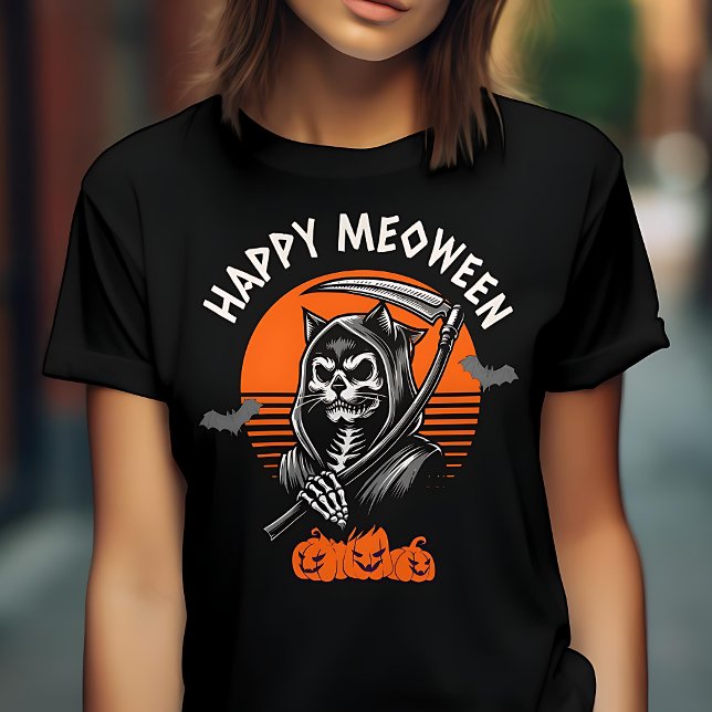 Lycklig Meoween Spooky Grim Reaper Cat Halloween T Shirt (Skapare uppladdad)
