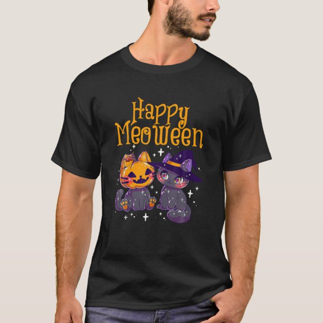 Lycklig Meoween Witch Cats Cute Halloween T Shirt (Framsida)