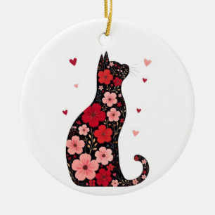 Lycklig Meowentine Day Blommigt Cat Valentines day Julgransprydnad Keramik