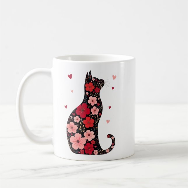 Lycklig Meowentine Day Blommigt Cat Valentines day Kaffemugg (Vänster)