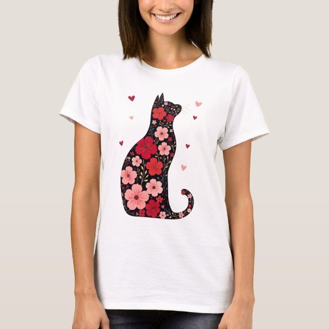 Lycklig Meowentine Day Blommigt Cat Valentines day T Shirt (Framsida)