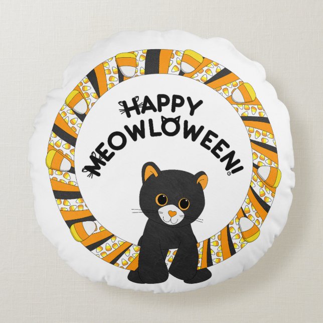 Lycklig Meowloween Black Cat Halloween Candy corn Rund Kudde (Framsidan)