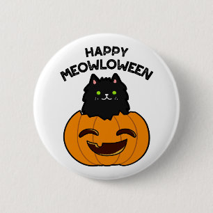 Lycklig Meowloween Funny Halloween Black Cat Pun Knapp