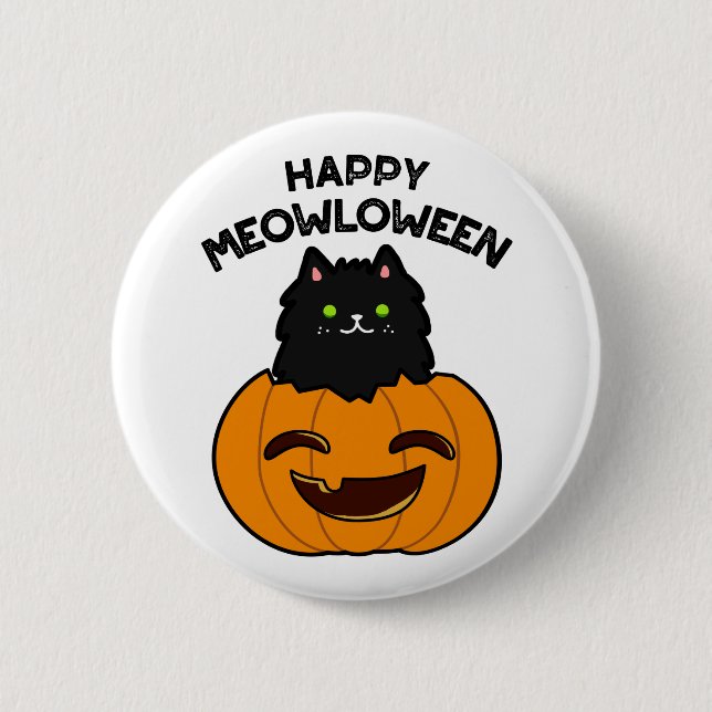 Lycklig Meowloween Funny Halloween Black Cat Pun Knapp (Framsida)
