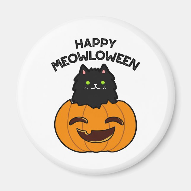 Lycklig Meowloween Funny Halloween Black Cat Pun Magnet (Framsidan)