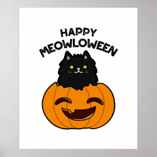 Lycklig Meowloween Funny Halloween Black Cat Pun Poster