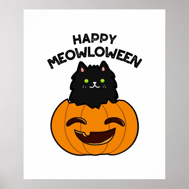 Lycklig Meowloween Funny Halloween Black Cat Pun Poster (Framsidan)