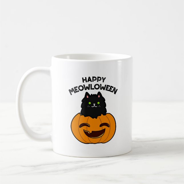 Lycklig Meowloween Funny Halloween Pun Kaffemugg (Vänster)