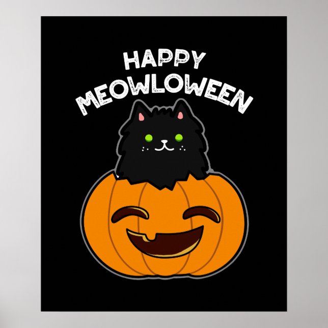 Lycklig Meowloween Funny Halloween Pun Mörk BG Poster (Framsidan)