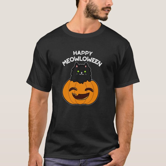 Lycklig Meowloween Funny Halloween Pun Mörk BG T Shirt (Framsida)