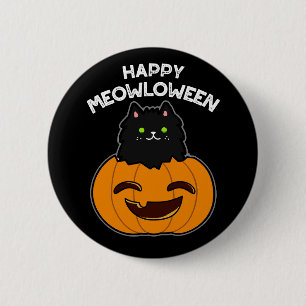 Lycklig Meowloween Halloween Black Cat Pun Mörk BG Knapp