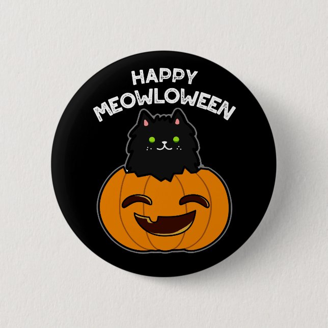 Lycklig Meowloween Halloween Black Cat Pun Mörk BG Knapp (Framsida)