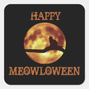 Lycklig MEOWloween Måne Black Cat Silhouette Pun Fyrkantigt Klistermärke