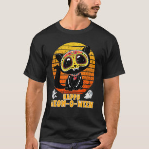 Lycklig Meowoween Halloween Calavera Black Cat Sug T Shirt