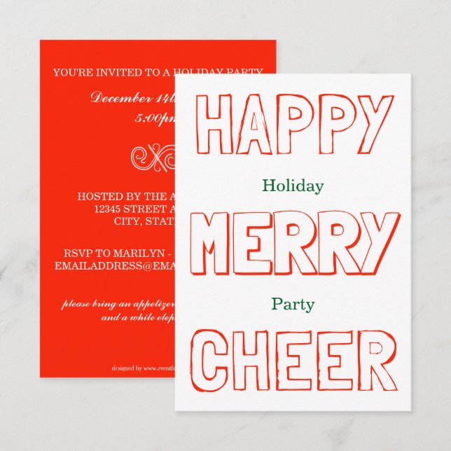 Lycklig Merry Cheer - 3 gånger 5 Julfesters inbjud Inbjudningar (Fram/baksida)