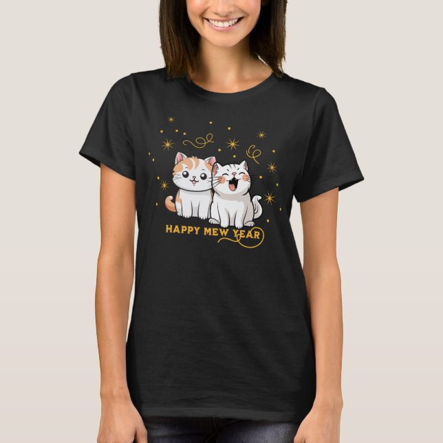Lycklig Mew Year Party Cat Pun T Shirt (Framsida)
