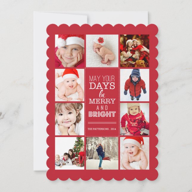 Lycklig Modern Merry & Bright Photo Collage Red Julkort (Framsida)