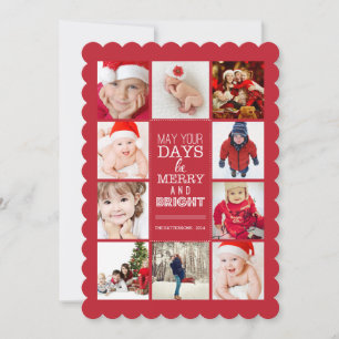 Lycklig Modern Merry & Bright Photo Collage Red Julkort