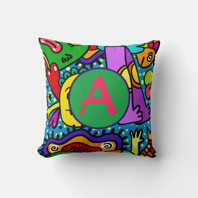 LYCKLIG MONSTER DOODLE CRITTERS PILLOW INITIAL KUDDE (Framsida)