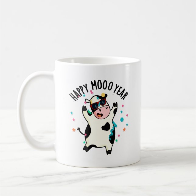 Lycklig Moo Year Funny Cow Pun Kaffemugg (Vänster)