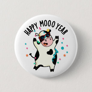Lycklig Moo Year Funny Cow Pun Knapp