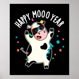 Lycklig Moo Year Funny Cow Pun Mörk BG Poster