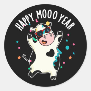 Lycklig Moo Year Funny Cow Pun Mörk BG Runt Klistermärke