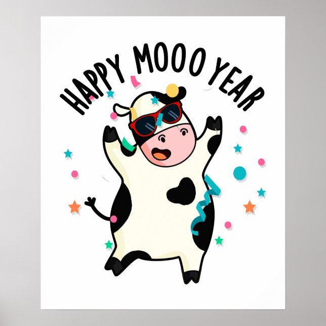Lycklig Moo Year Funny Cow Pun Poster (Framsidan)
