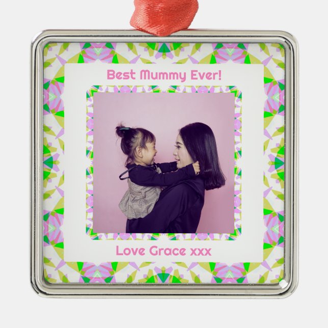 Lycklig Mor:s bästa Mummy Morsa någonsin Rosa Grön Julgransprydnad Metall (Framsidan)