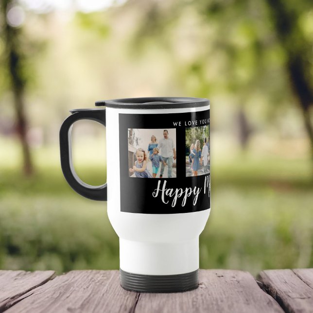 Lycklig Mors dag 4 Photo Anpassningsbar Black Resemugg (Happy Mother's Day script font with 4 family photo slots along with a custom message)