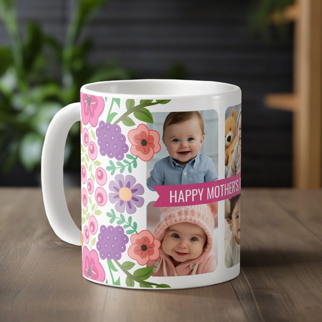 Lycklig Mors dag Anpassningsbar 4 Fotokollage Flow Kaffemugg (Custom Photo Mug)