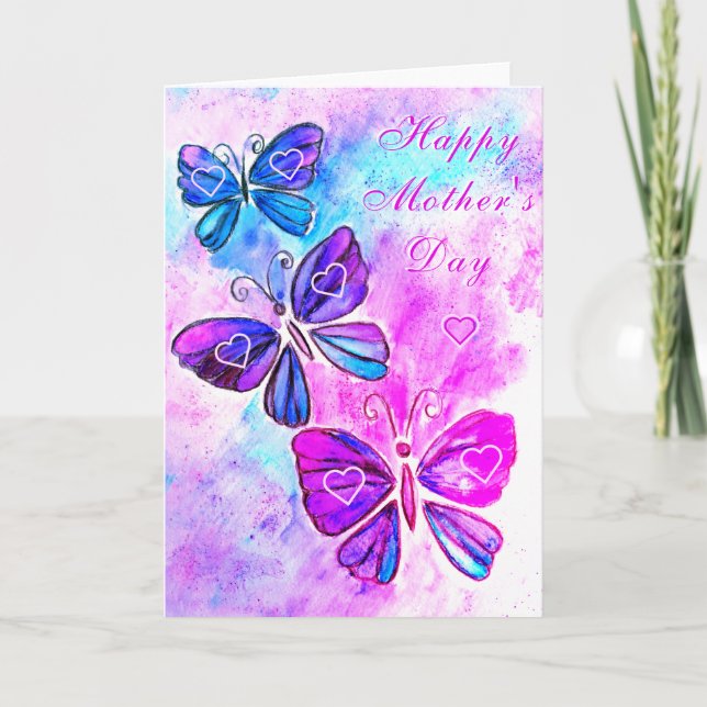 Lycklig Mors dag Card Rosa Butterflies Hearearts Kort (Framsida)