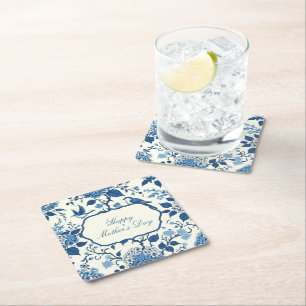 Lycklig Mors dag Elegant Blue Chinoiserie Blommigt Underlägg Papper Kvadrat