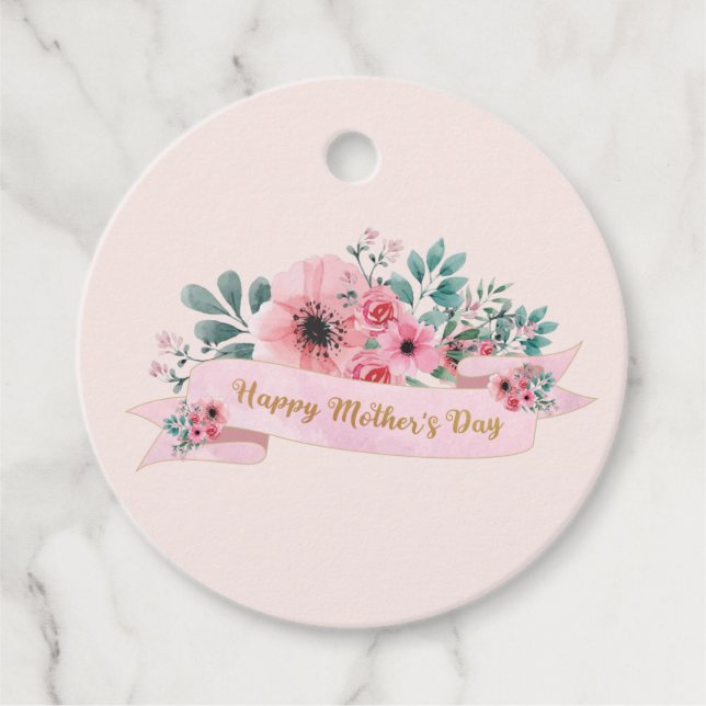 Lycklig Mors dag Elegant Rosa Blommigt Bouquet Gåvor Etiketter (Framsida)