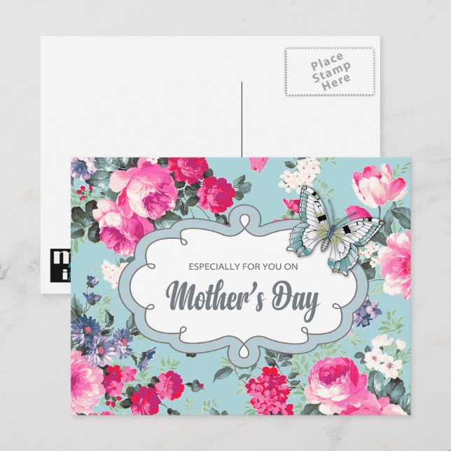 Lycklig Mors dag. Gammal Ro-målning Vykort (Fram/baksida)