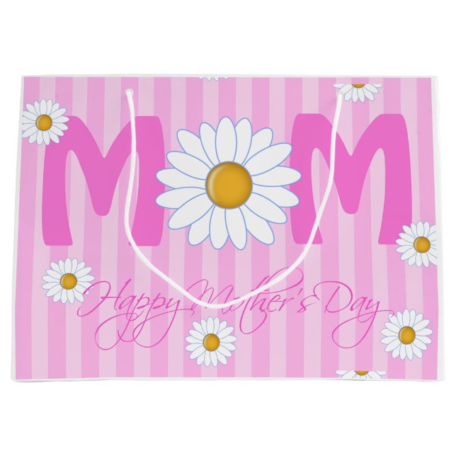 Lycklig Mors dag Gift Bag (A vibrant gift bag featuring bold pink stripes and large daisies. )