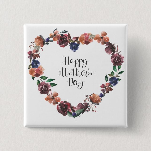 Lycklig Mors dag Heart Blommigt Flowers Script Knapp (Framsida)