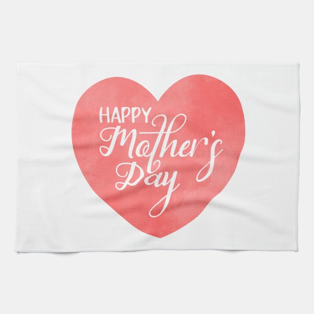 Lycklig mors dag i rosa hjärta, vattenfärgshjärta kökshandduk (Horisontell)