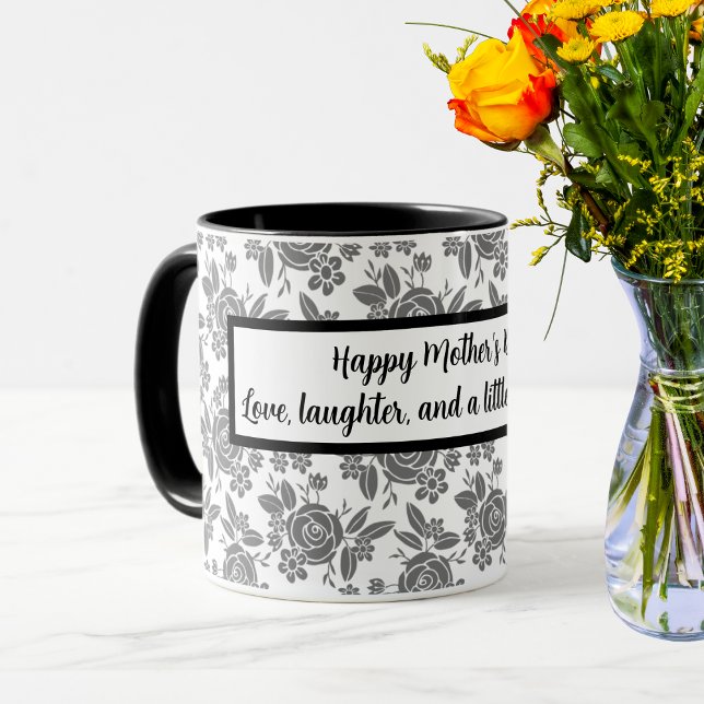 Lycklig Mors dag med Grått Ro Blommönster Mugg (Skapare uppladdad)
