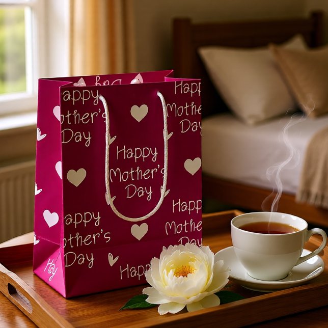 Lycklig Mors dag mörk rosa-skript (Bold Dark Pink Happy Mother's Day Hearts Medium Gift Bag)