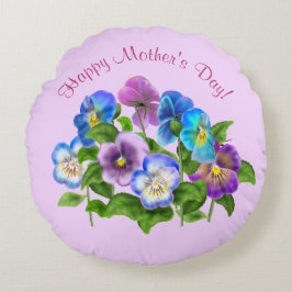 Lycklig Mors dag Pansy Violet Flowers Vattenfärg Rund Kudde