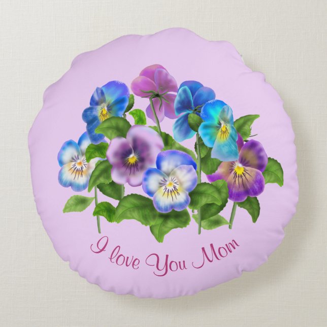 Lycklig Mors dag Pansy Violet Flowers Vattenfärg Rund Kudde (Baksidan)