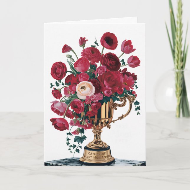 Lycklig Mors dag Red Flowers Trophy Anpassade Kort (Framsida)