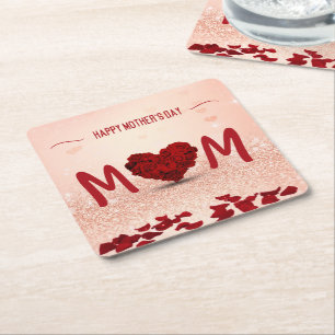 Lycklig Mors dag Ro Heart Bouquet Underlägg Papper Kvadrat
