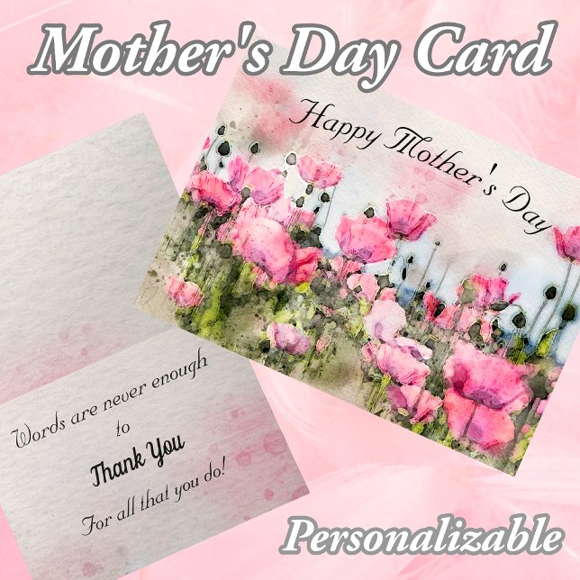 Lycklig Mors dag Rosa Blommigt Vattenfärg Kort (Pink Floral Mother's Day Card. Personalizable.)