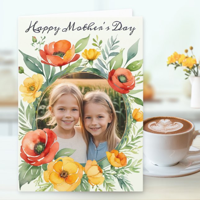 Lycklig Mors dag Rustic Wildbloms Anpassningsbar F Helgkort (A pretty Mother's Day card, with custom photo in a rustic floral surround in a watercolor style)
